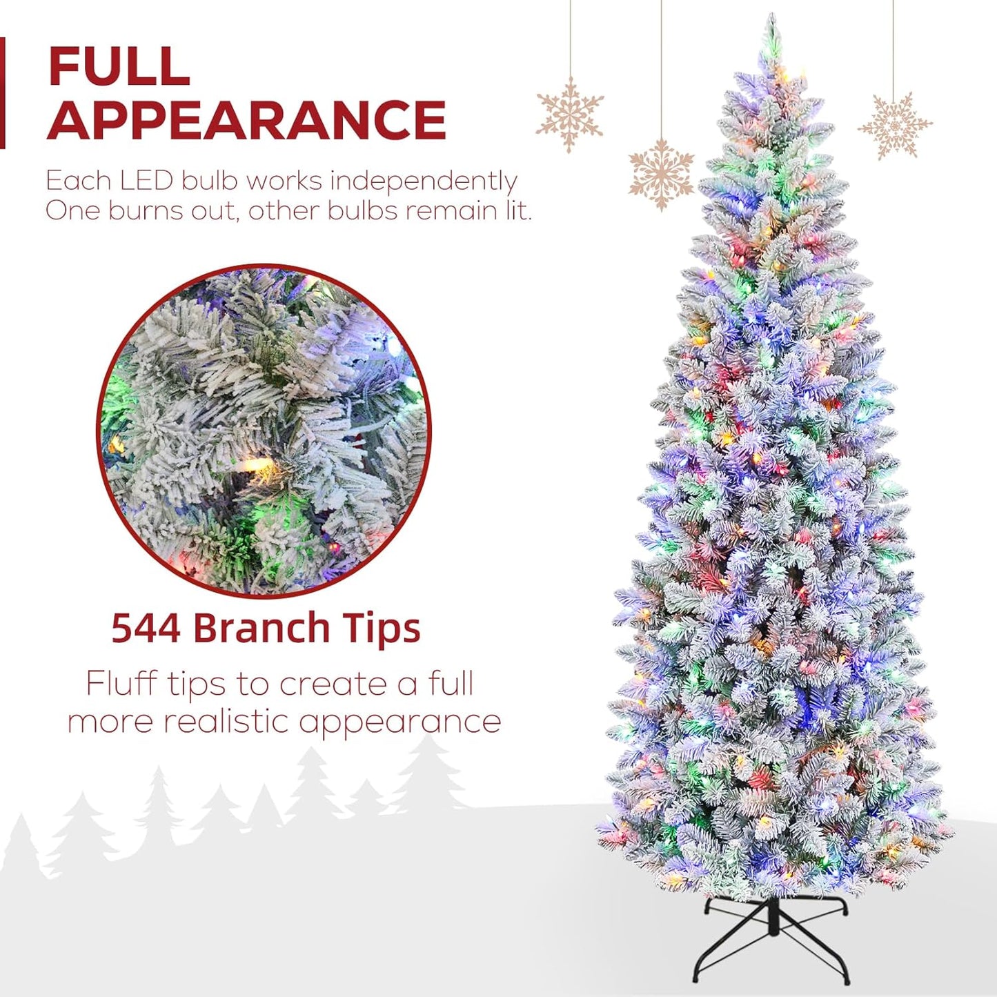 Hykolity 6 ft Prelit Snow Flocked Pencil Slim Christmas Tree, 544 PVC Branch Tips, 200 Color Changing LED Lights, Metal Stand and Hinged Branches, 10 Color Modes
