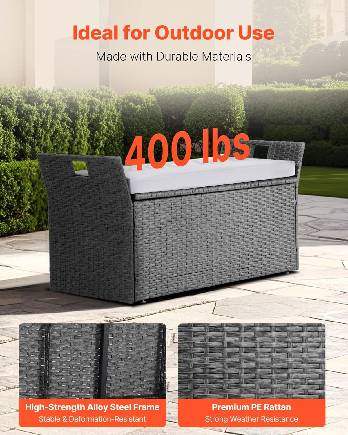 VEVOR Outdoor Storage Bench, 2-Person PE Rattan Storage Bench, 40 Gal Deck Box with Cushion & Side Handle, Supports up to 400 lbs, Weatherproof Outdoor Seating & Porch Decor for Patio Garden Balcony