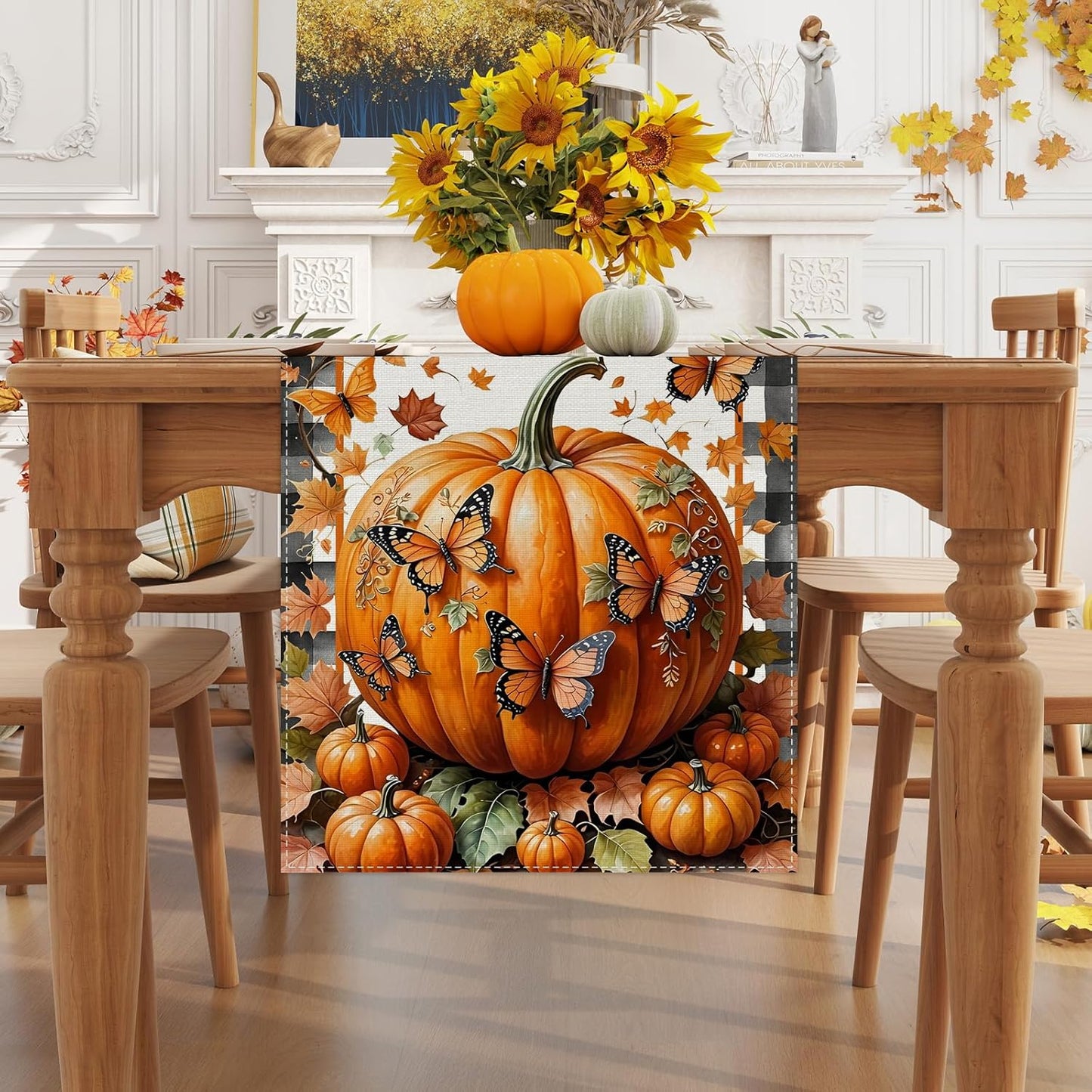 Linen Black and White Buffalo Check Plaid Fall Table Runner 36 Inches Long, Fall Leaves Pumpkin Butterfly Home Kitchen Table Decor, Farmhouse Autumn Thanksgiving Harvest Festival Decorations for Home