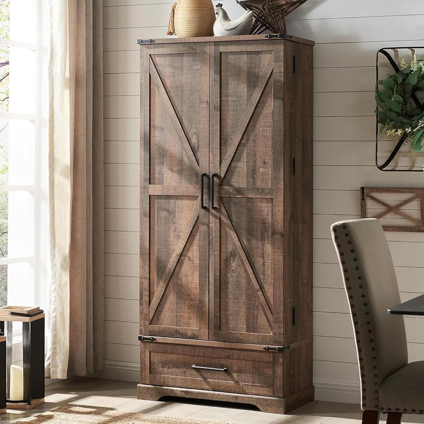 72" Farmhouse Kitchen Pantry Cabinet With Drawer, Tall Storage With 2 Barn Doors and Shelves, Versatile Large Rustic for Dining Room, Bathroom, Living Room, Rustic Brown