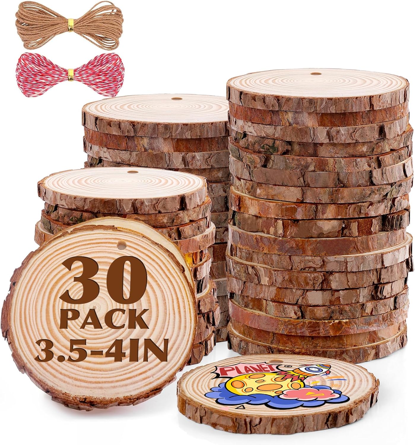 30 Pack Nature Wood Slices for Crafts,3.5-4In Unfinished Natural Wood Rounds.Wood Circles Predrilled with Hole and 20m Rope for Wooden Craft Supplies,Painting,Christmas Ornaments,DIY Gifts