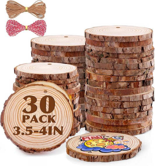 30 Pack Nature Wood Slices for Crafts,3.5-4In Unfinished Natural Wood Rounds.Wood Circles Predrilled with Hole and 20m Rope for Wooden Craft Supplies,Painting,Christmas Ornaments,DIY Gifts