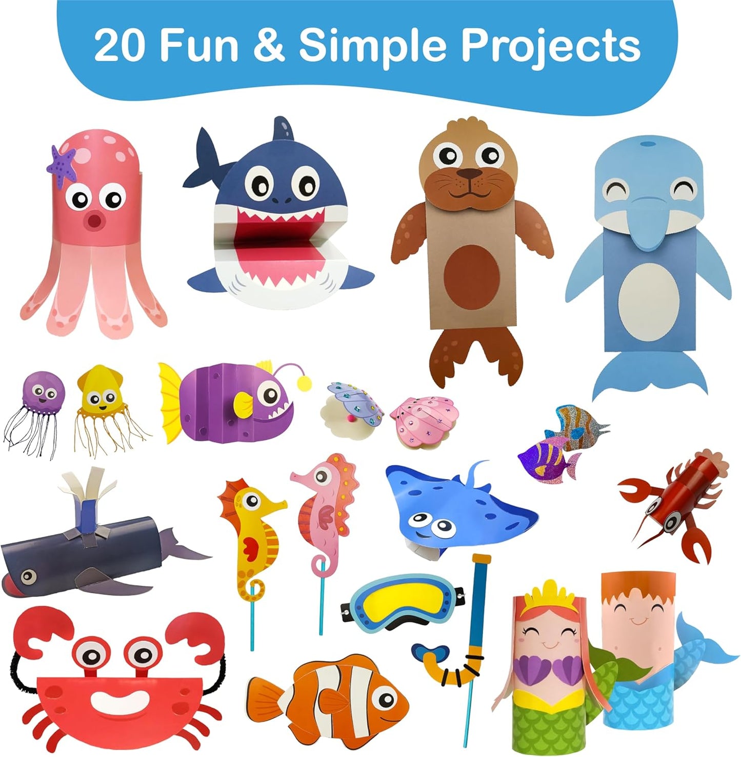 Craftikit® 20 Award-Winning Under The Sea Toddler Arts and Crafts for Girls Ages 4-8, Paper Craft Kits, Sea Animals, Mermaid Crafts for Girls Ages 4-6, Boys, Preschool Craft Supplies for Kids