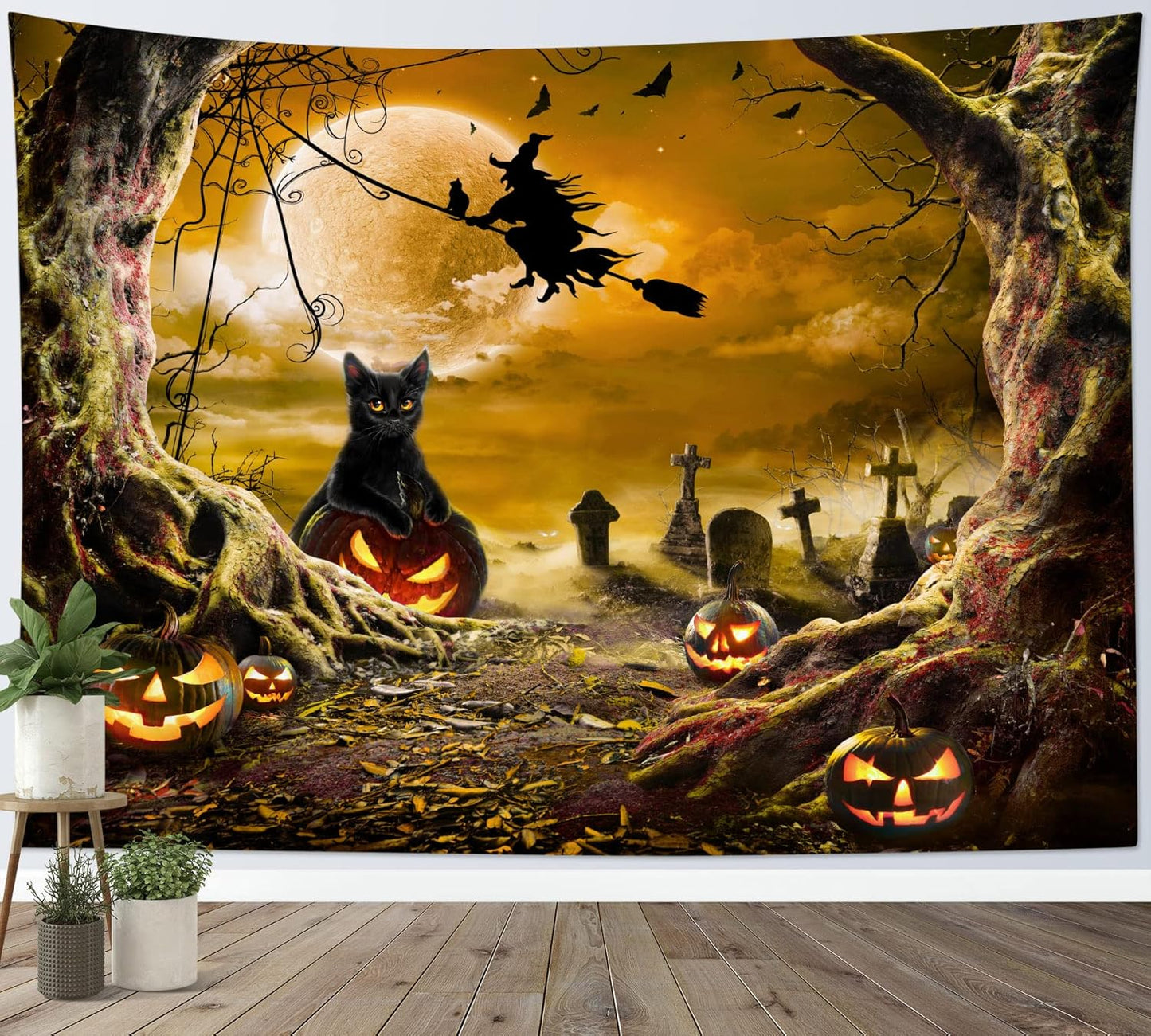 LB Halloween Wall Art - Horror Witch Cat & Dead Tree Pumpkin Lights with Spooky Graveyard Orange Full Moon over Misty Forest Wall Tapestry for Bedroom & Living Room - 48x36 Inch