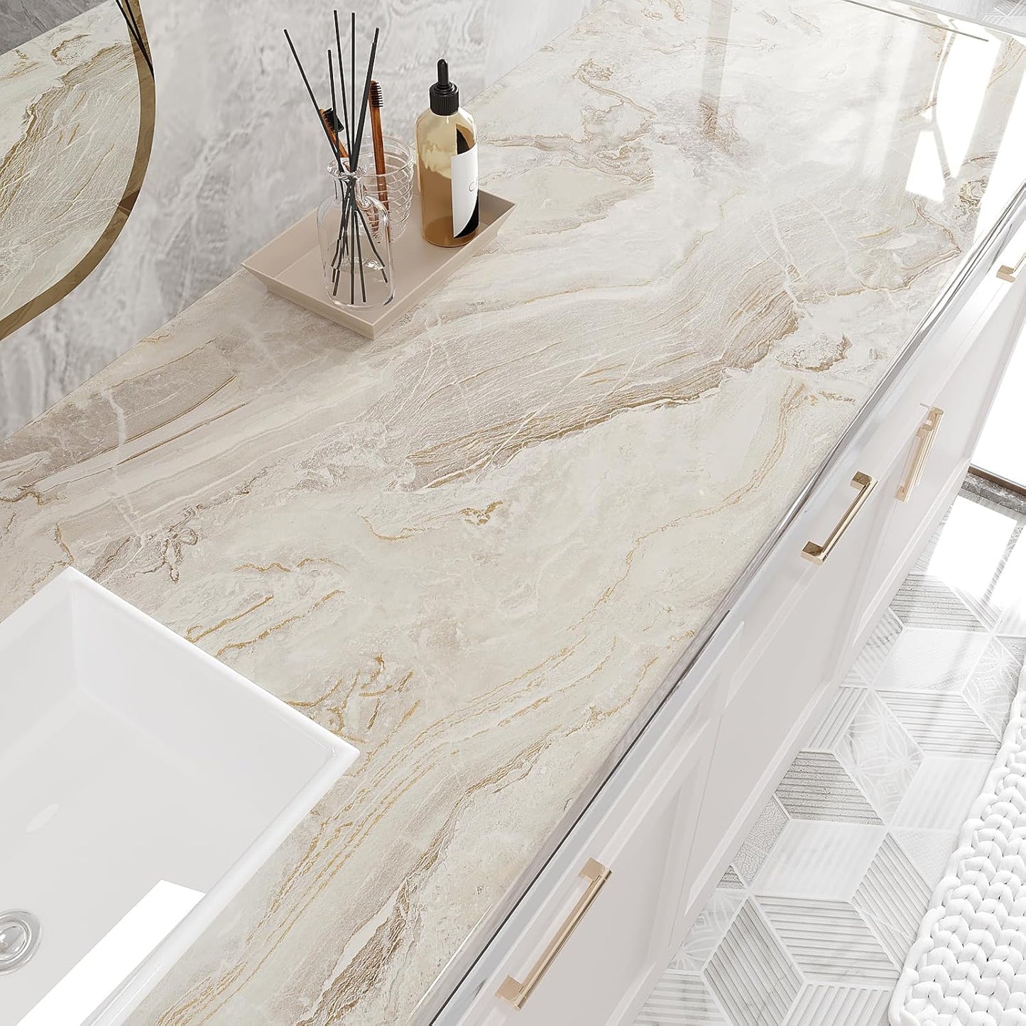 VEELIKE Large Size Marble Contact Paper Peel and Stick Countertops for Kitchen Waterproof Beige Gold Marble Wallpaper for Countertops Walls 32''x118'' Self Adhesive Countertop Vinyl for Bathroom Desk