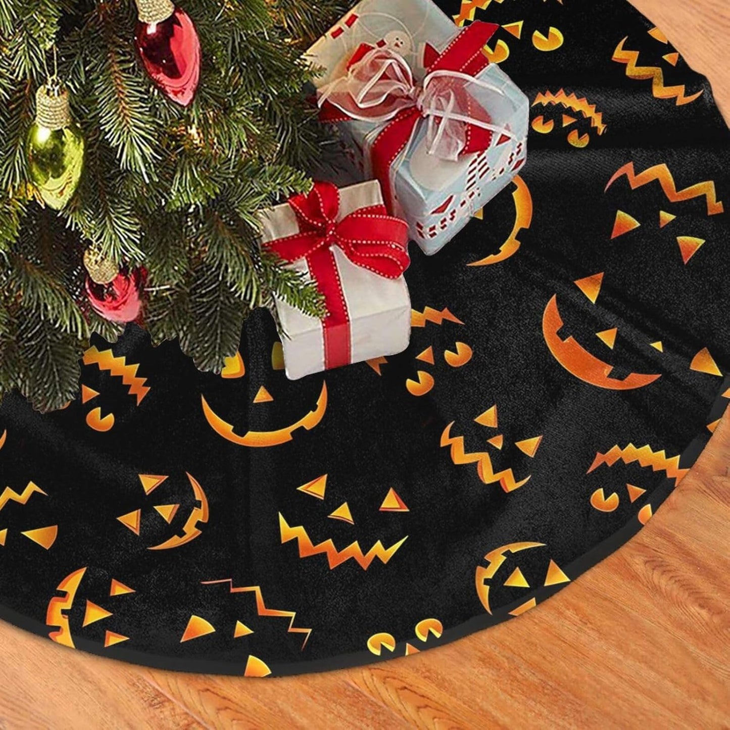 Christmas Tree Skirt,Jack O Lantern Pumpkin Smiles Xmas Tree Skirt Rustic Farmhouse Tree Skirt for Christmas Decor Xmas Holiday Home Party Decorations30