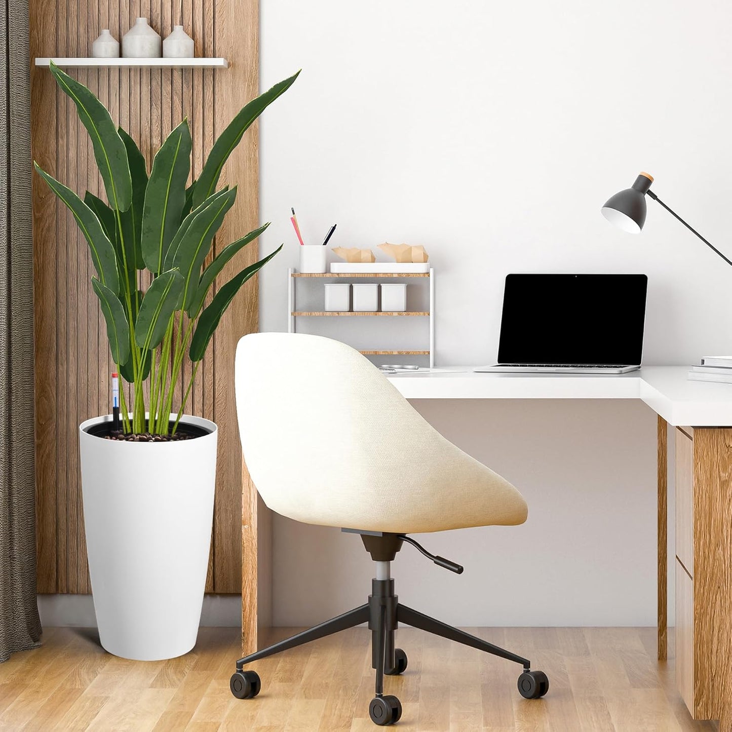 22" Tall Round Planter Set of 2, Self Watering Pots for Indoor Plants, Large Flower Pot Outdoor with Built-in Drainage and a Water Level Monitor, for Patio, Porch, Living Room, or Home Office, White