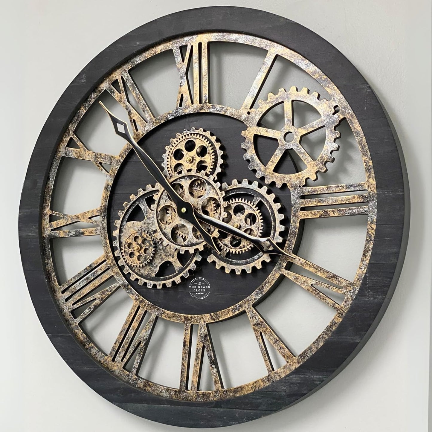 The Gears Clock The Original Real Moving Gear Wall Clock Vintage Industrial Oversized Rustic Farmhouse (24 inch (60cm), Vintage Black Wood and Bronze)