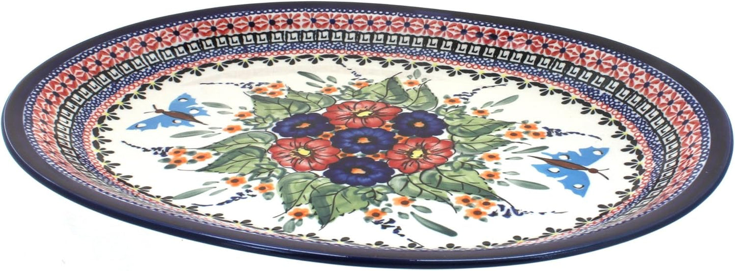 Blue Rose Polish Pottery Floral Butterfly Large Serving Platter