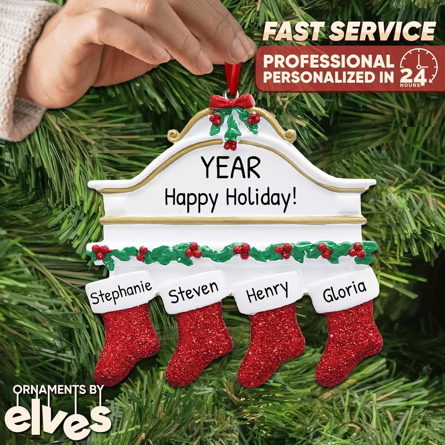 3D White Mantle Family of 4 Christmas Ornament 2025 Personalized Family Christmas Ornaments 2025 | Garland Fireplace Personalized Tree Ornaments Customizable Gifts Red Stockings of Four Ornament