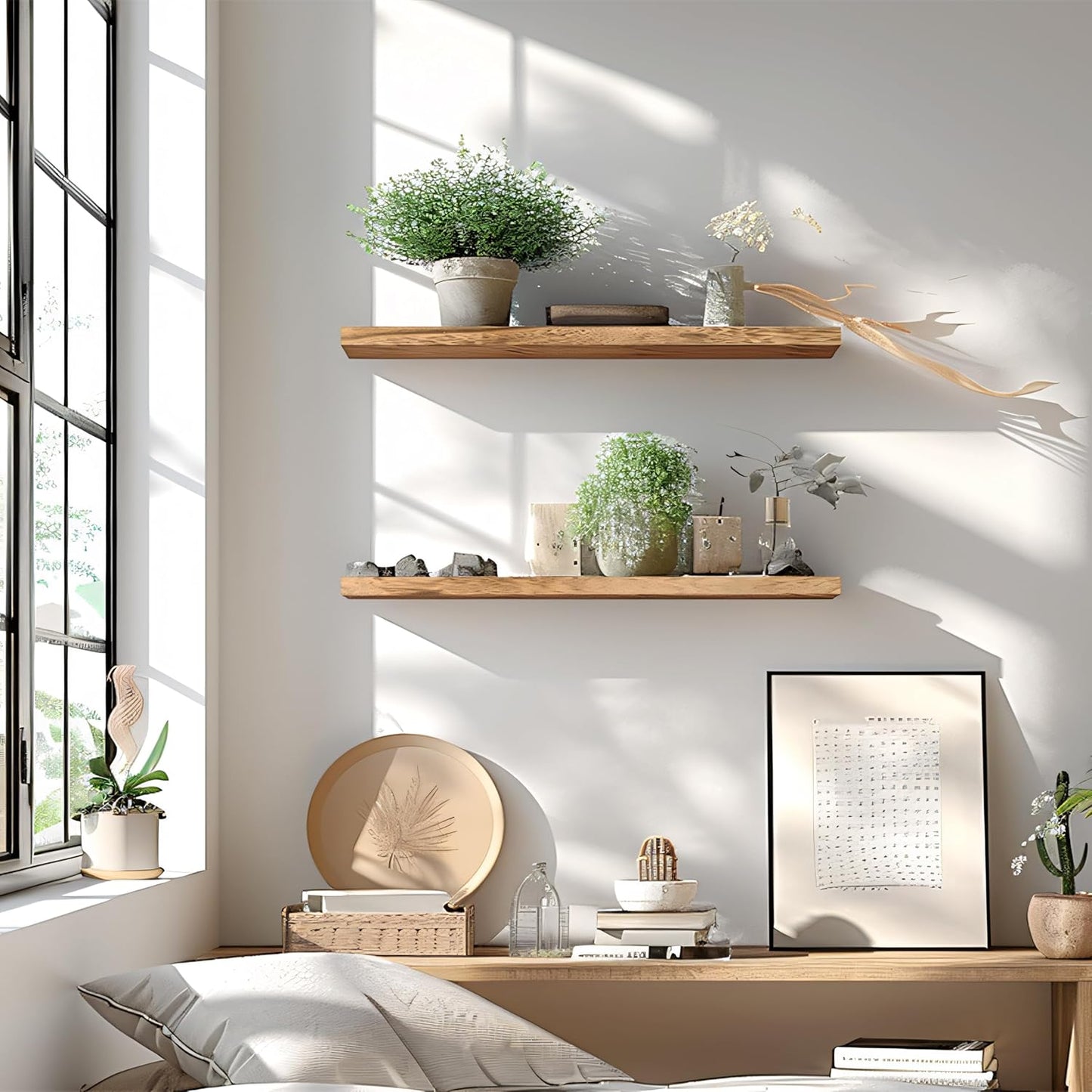 24 Inch Floating Shelves for Wall Rustic Light Wood Wall Shelves for Bedroom Set of 4