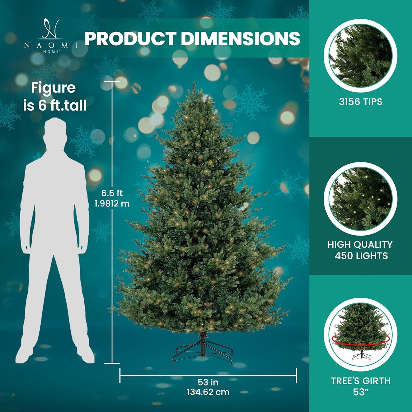 Kinsley 6.5ft Prelit Aritificial Christmas Tree with 3156 Branch Tips, 450 Warm Lights and Metal Stand, 53" Wide Realistic Traditional Christmas Tree with Lights by Naomi Home