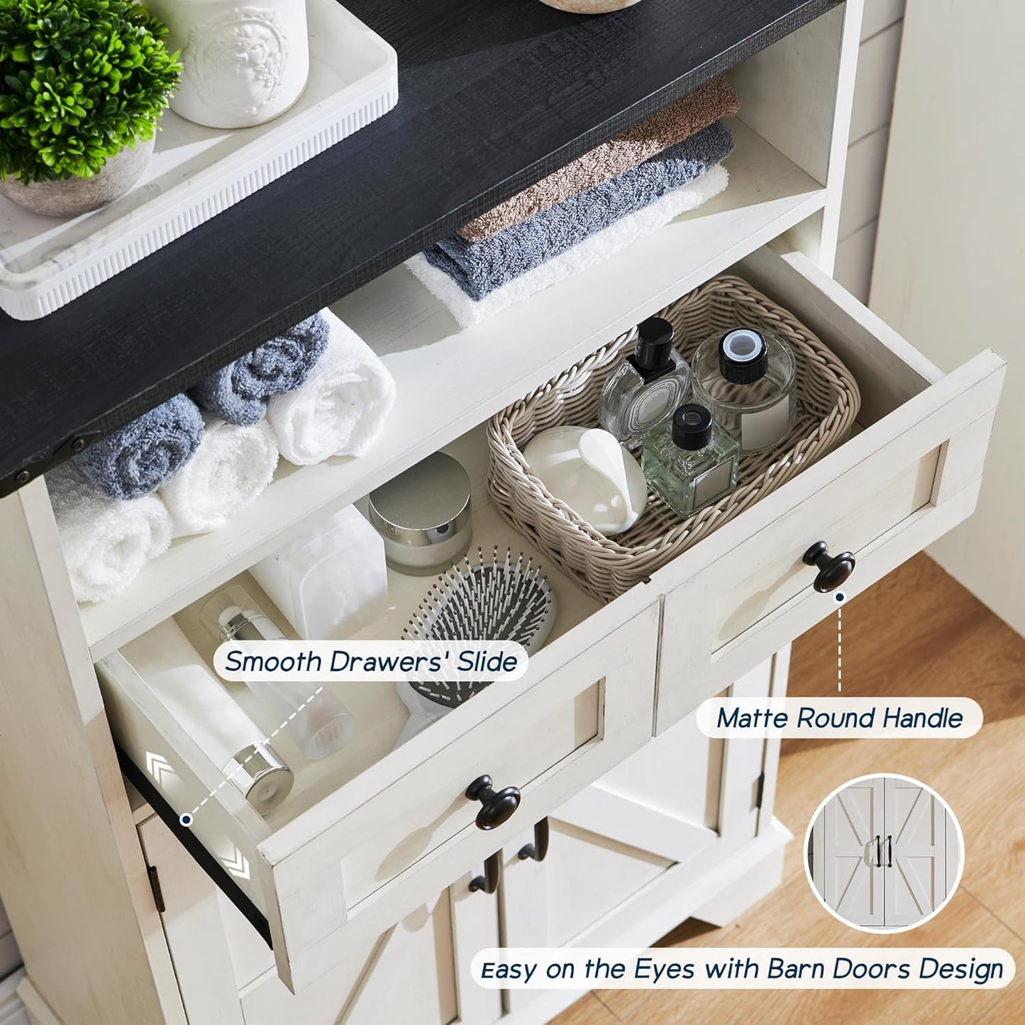 Bathroom Floor Cabinet, Farmhouse Storage Cabinet, 24" Wide Cabinet with Drawer, Adjustable Shelf, Barn Doors, Cabinets for Bathroom, Kitchen, Living Room, Off White