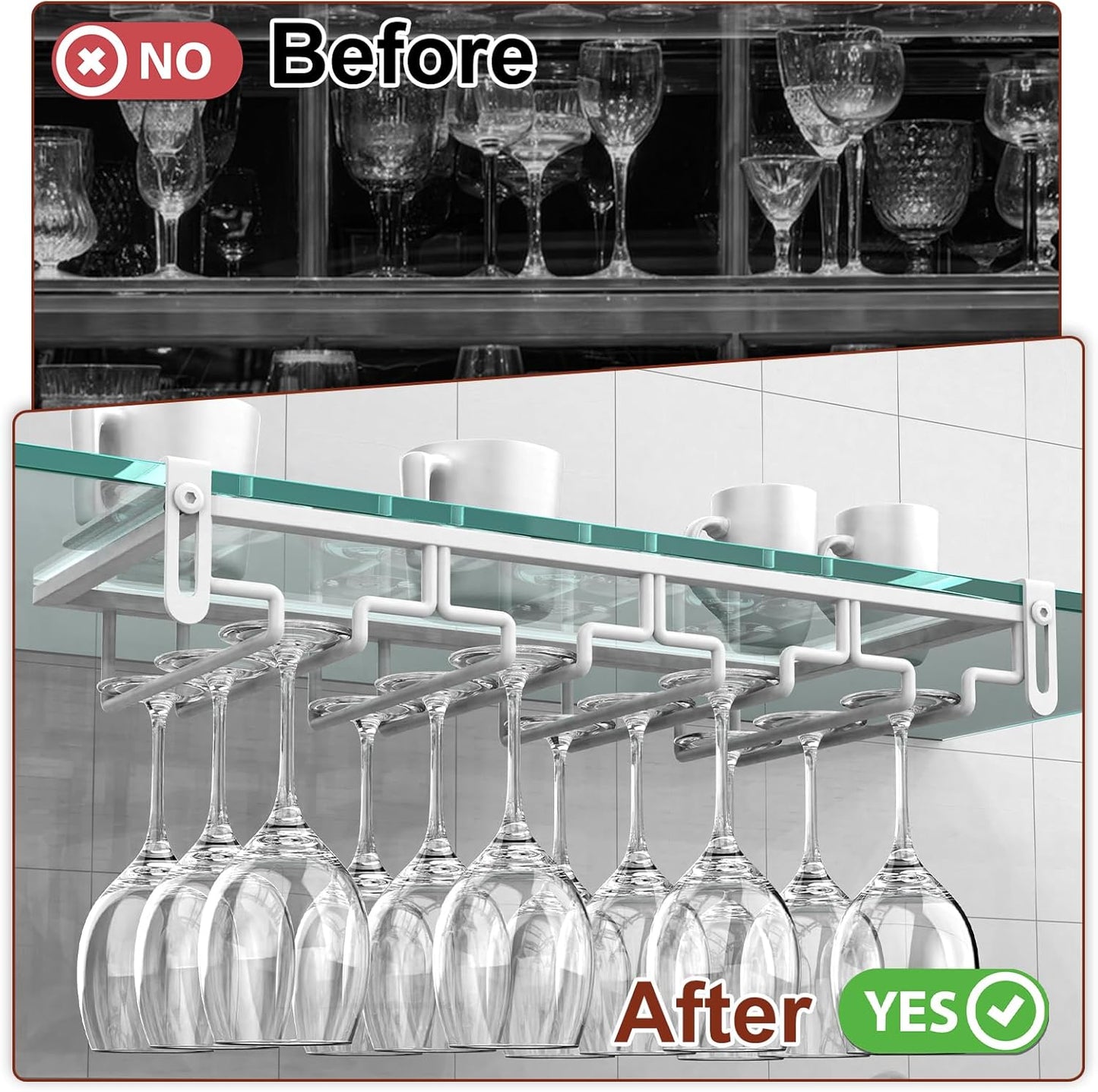 AUHOKY 2Pcs Adjustable Wine Glass Rack Under Cabinet, Punch-Free 4 Rows Stemware Wine Glass Metal Holder, Hanging Wine Glasses Storage Hanger Organizer for Shelf Kitchen Bar Decor(White, 4 Rows)