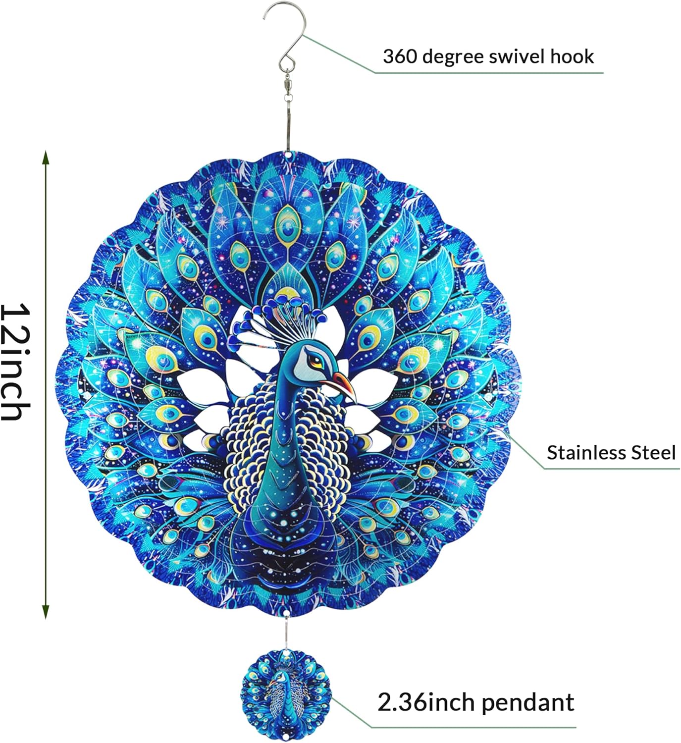 Peacock Gifts for Women, Peacock Wind Spinner Garden Decor, 12 inch 3D Hanging Wind Spinners Outdoor