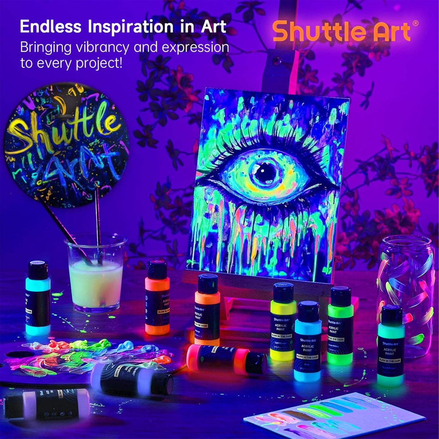 Shuttle Art Glow in the Dark Paint, 12 Colors with UV Light, 2oz/60ml Bottles, Ideal for Art Painting and Crafts, Great for Artists, Beginners on Rocks, Wood, Canvas, Fabric, and Halloween Decorations