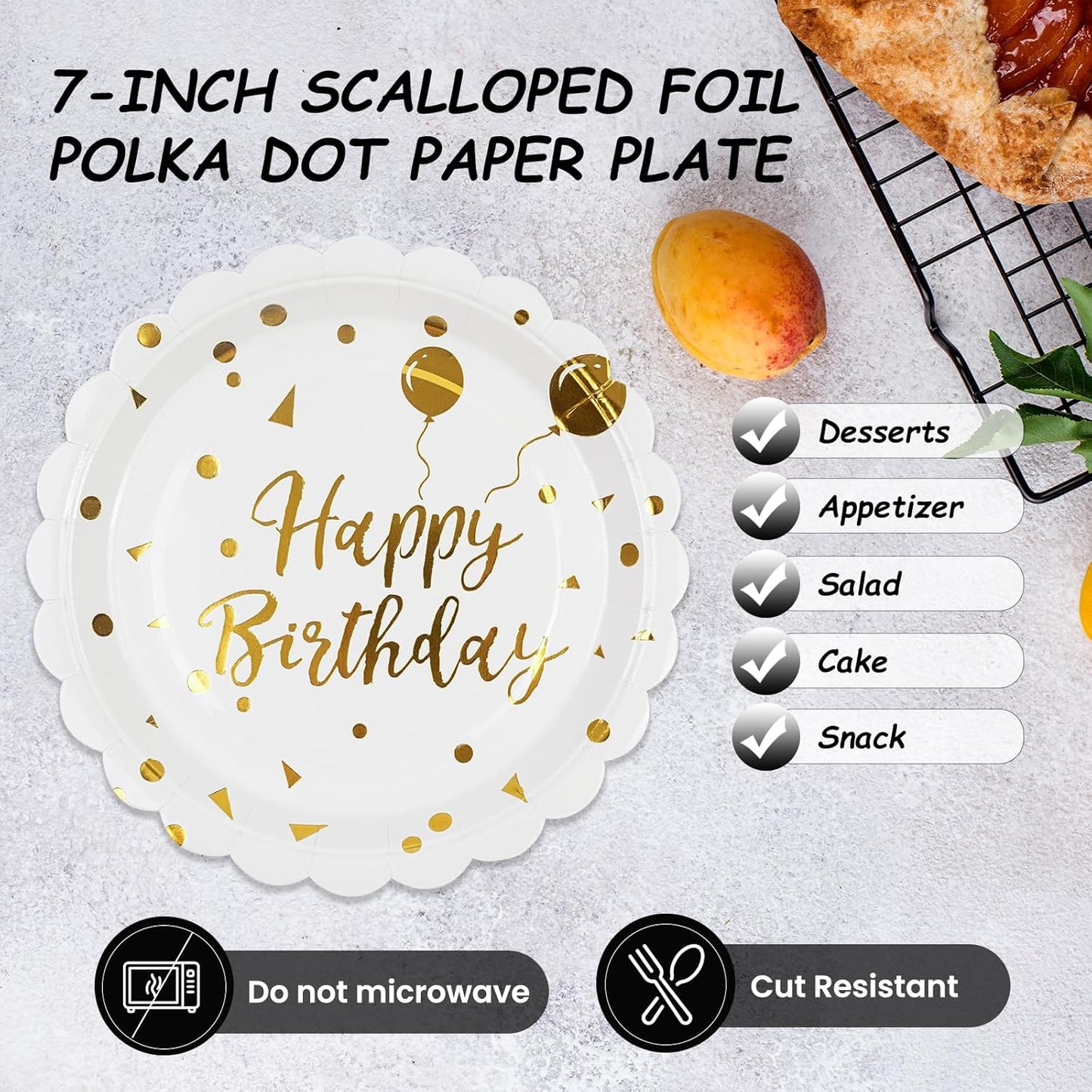 50PCS Happy Birthday Paper Plates - 7 Inch Birthday Cake Plates Scalloped White and Gold Dessert Plate Disposable Decorative Party Tableware Decorations for Birthday's Party Supplies