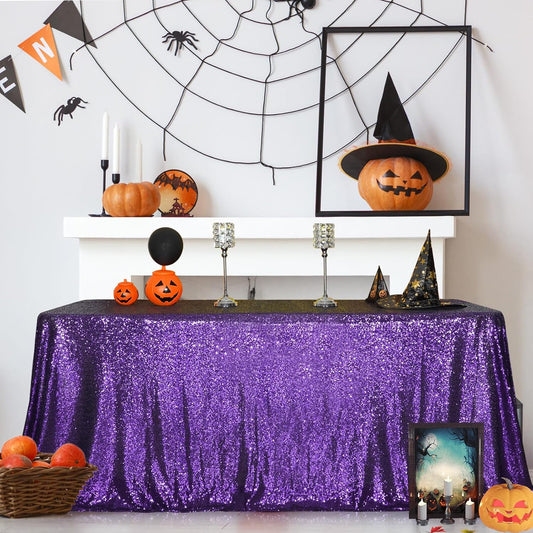 SquarePie Sequin Tablecloth 90 x 156 Inch Purple Sparkly Table Cloth for Wedding Halloween Party