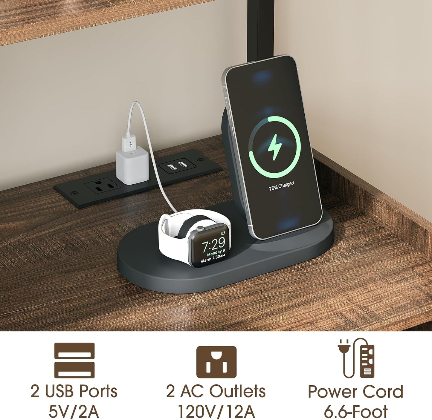 5 Tier Ladder Shelf with Cabinet, Mid Century Modern Bookshelf, Tall Bookcase with Charging Station, Wood and Metal Open Display Shelf for Living Room, Bedroom, Home Office, Walnut