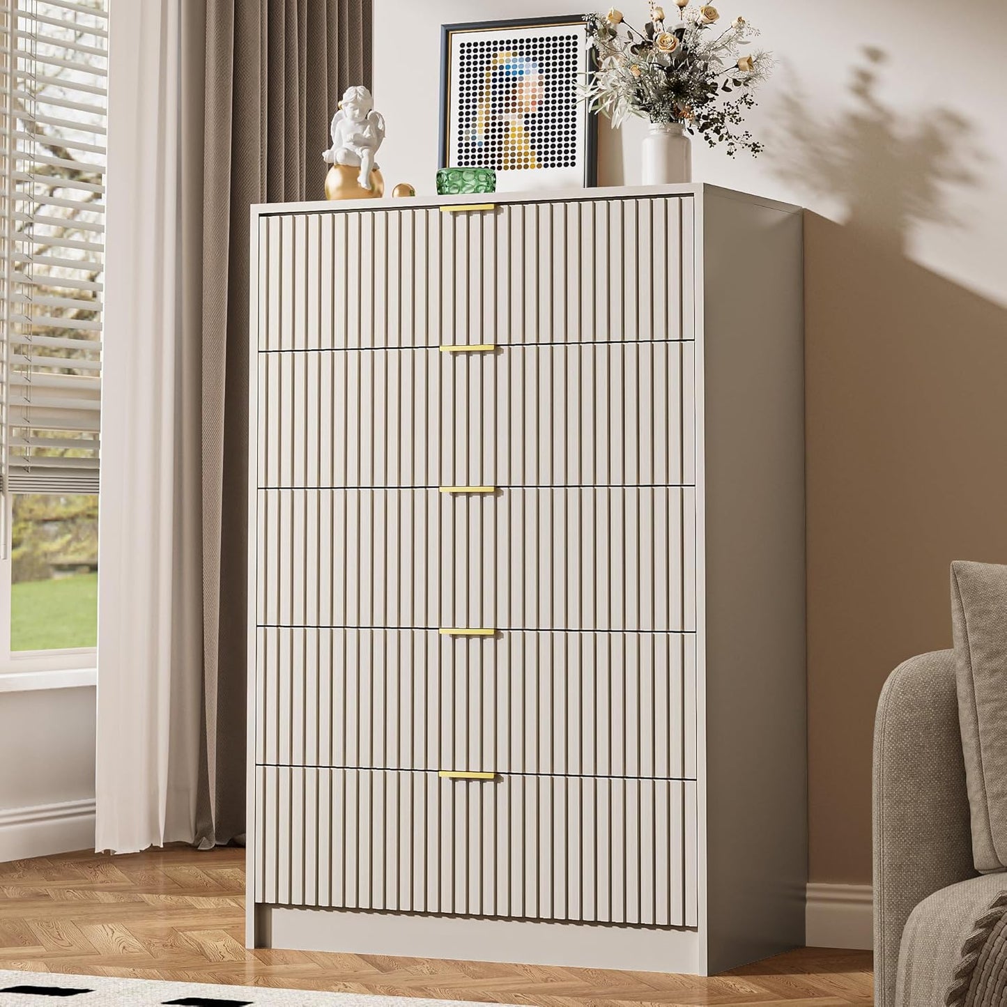 5 Drawer Dresser for Bedroom, Tall Dresser Chest of Drawers with Gold Handles, 32 Inch Wide Nightstand with for Bedroom, Living Rooms, Offices, and Entryways, Beige