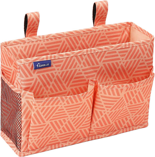 Surblue Bedside Caddy Hanging Bed Organizer Storage Bag Pocket for Bunk and Hospital Beds, College Dorm Rooms Baby Bed Rails,Camp Chiars，Wheelchair Side Bag，4 Pockets and 2 Hooks (Orange Plaid)