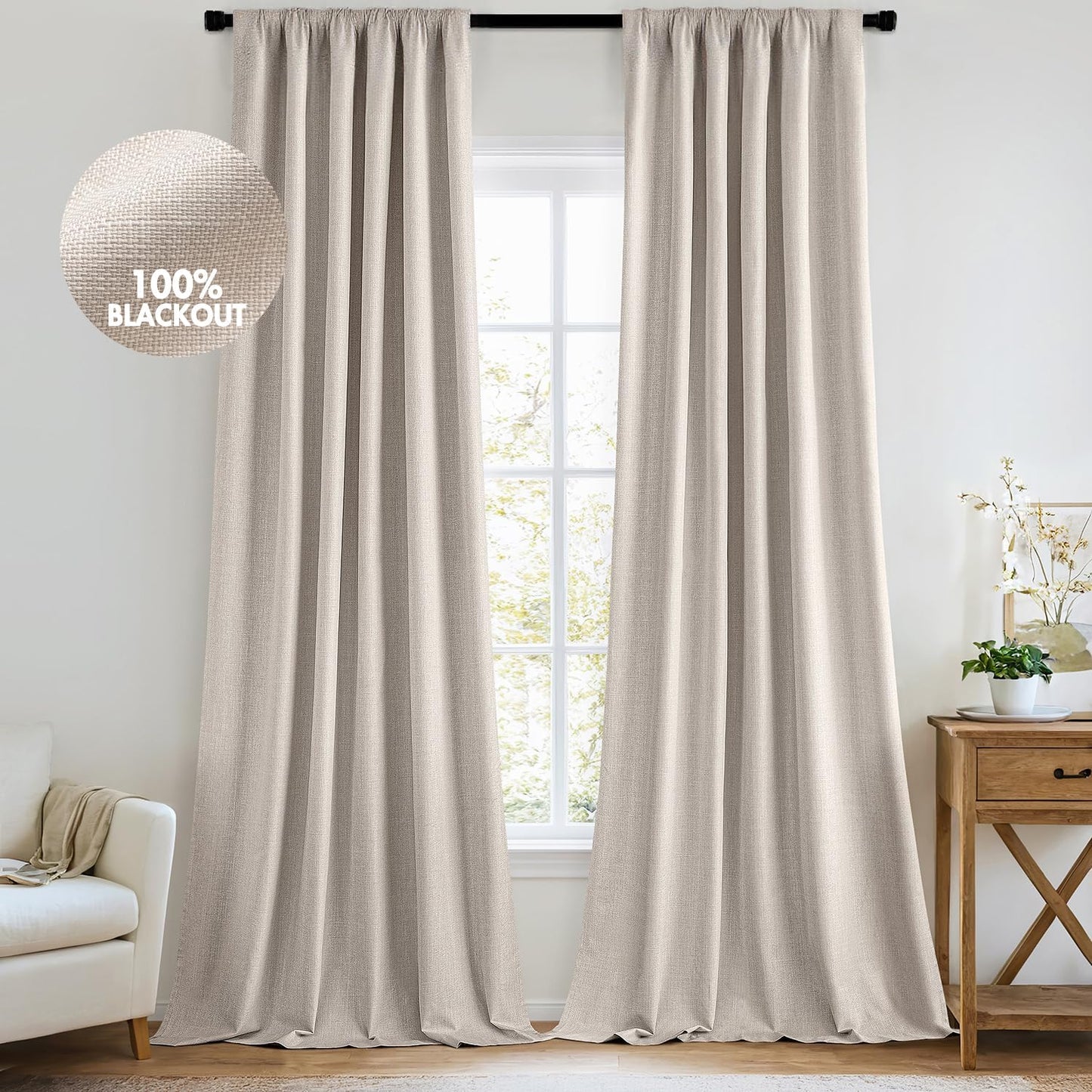MIULEE 100% Blackout Curtains 102 Inch Long 2 Panels Set for Bedroom, Thick Luxury Faux Linen Black Out Curtain Room Darkening Back Tab Pleat Window Textured Drapes with Hooks for Living Room, Beige