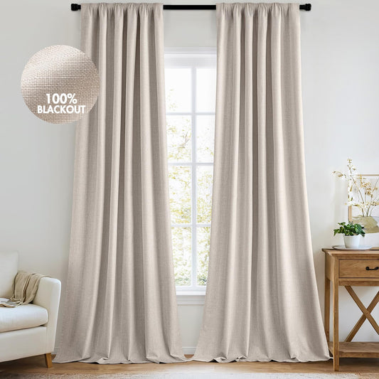 MIULEE 100% Blackout Curtains 102 Inch Long 2 Panels Set for Bedroom, Thick Luxury Faux Linen Black Out Curtain Room Darkening Back Tab Pleat Window Textured Drapes with Hooks for Living Room, Beige