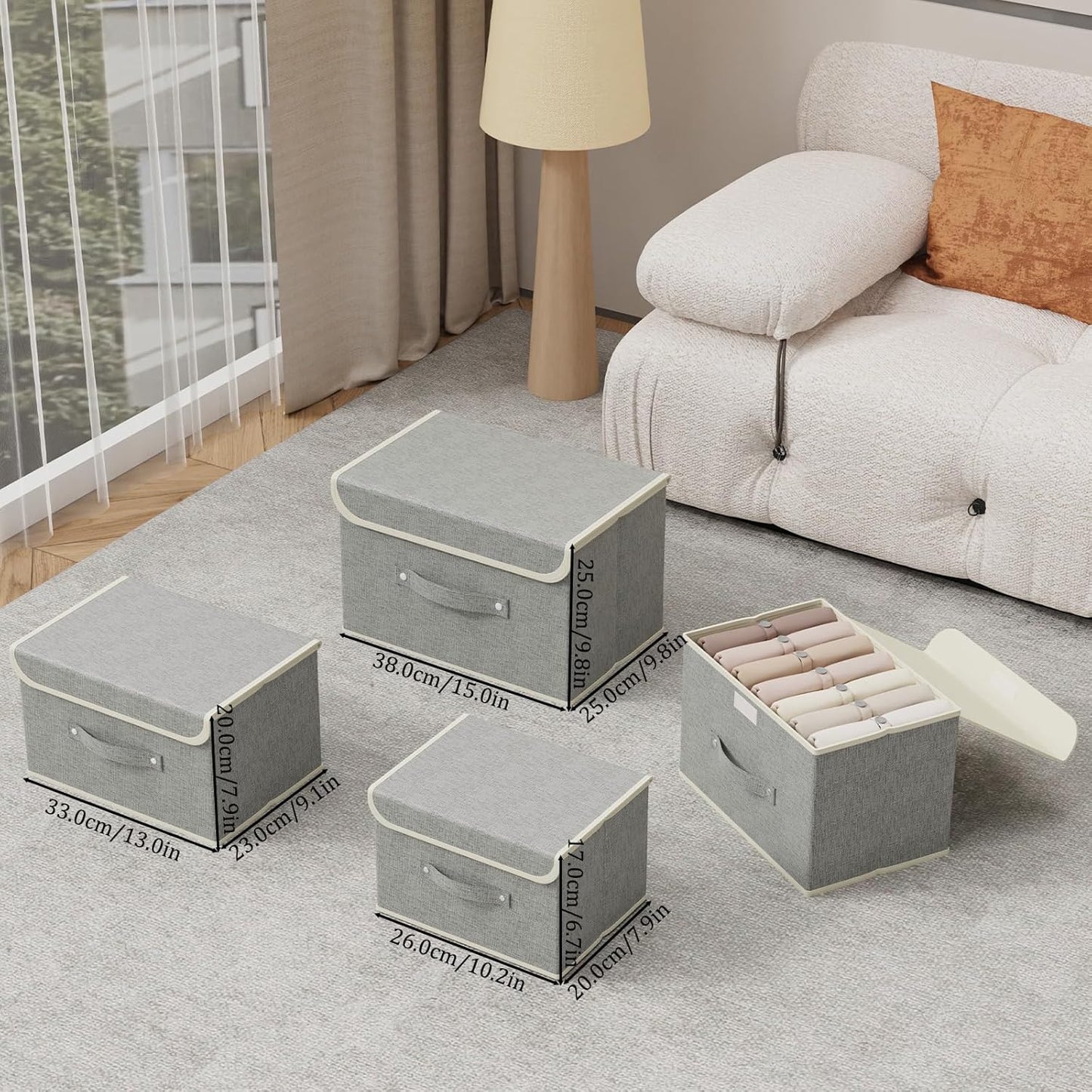Storage Boxes, Collapsible Storage Bins with Lids, Cotton and linen cloth Storage Baskets with Handle, for Books, Closet, Bedroom, Home, 13x9.1x7.9 in, Grey