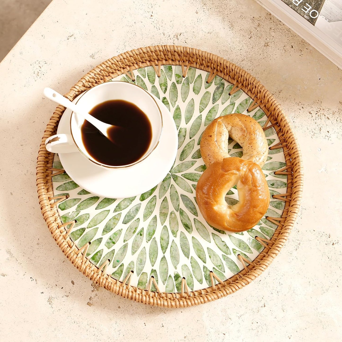Round Rattan Tray with Mother of Pearl Inlay & Wooden Base - Decorative Wicker Serving Tray for Coffee/Bread/Fruits, Food Storage & Display - Multipurpose Home Decor (M,Green Leaves)