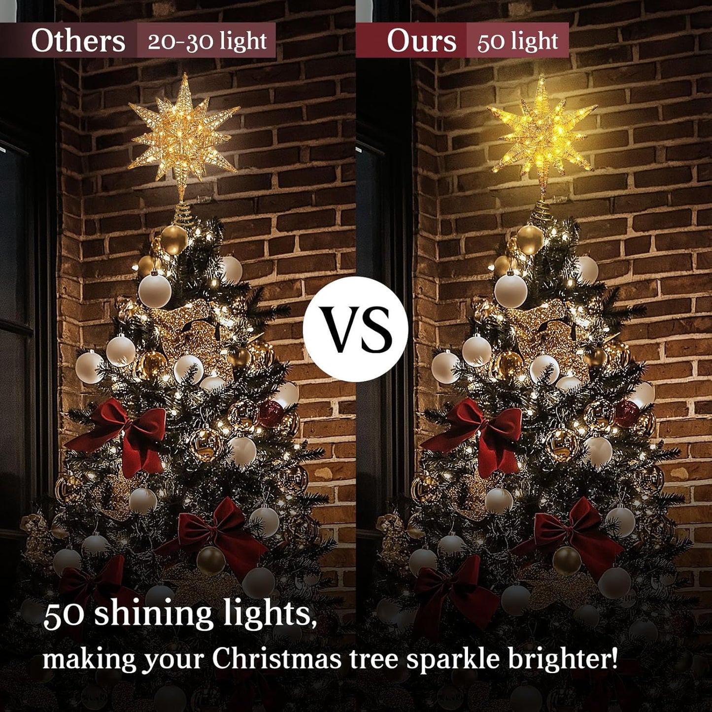 Christmas Star Tree Topper Gold, Tree Topper Star with Warm White 50 LED Light Beads for Home Holiday Xmas Tradition Moravian Decor, Timer Function 5m Cable