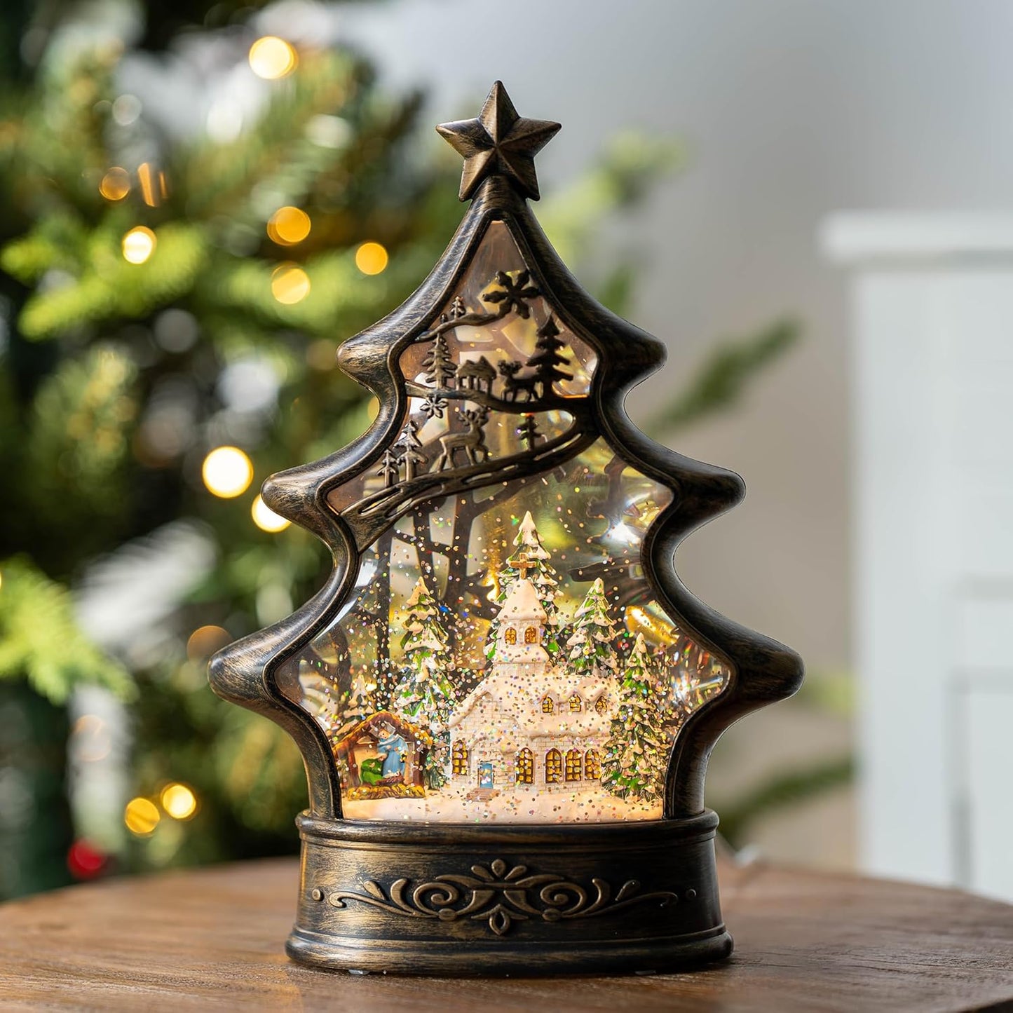 Christmas Snow Globe Lantern Water Glittering Church & Manger Scene with Music & Timer, USB Lined/Battery Operated Lighted Lantern for Christmas Festival Decoration Gifts