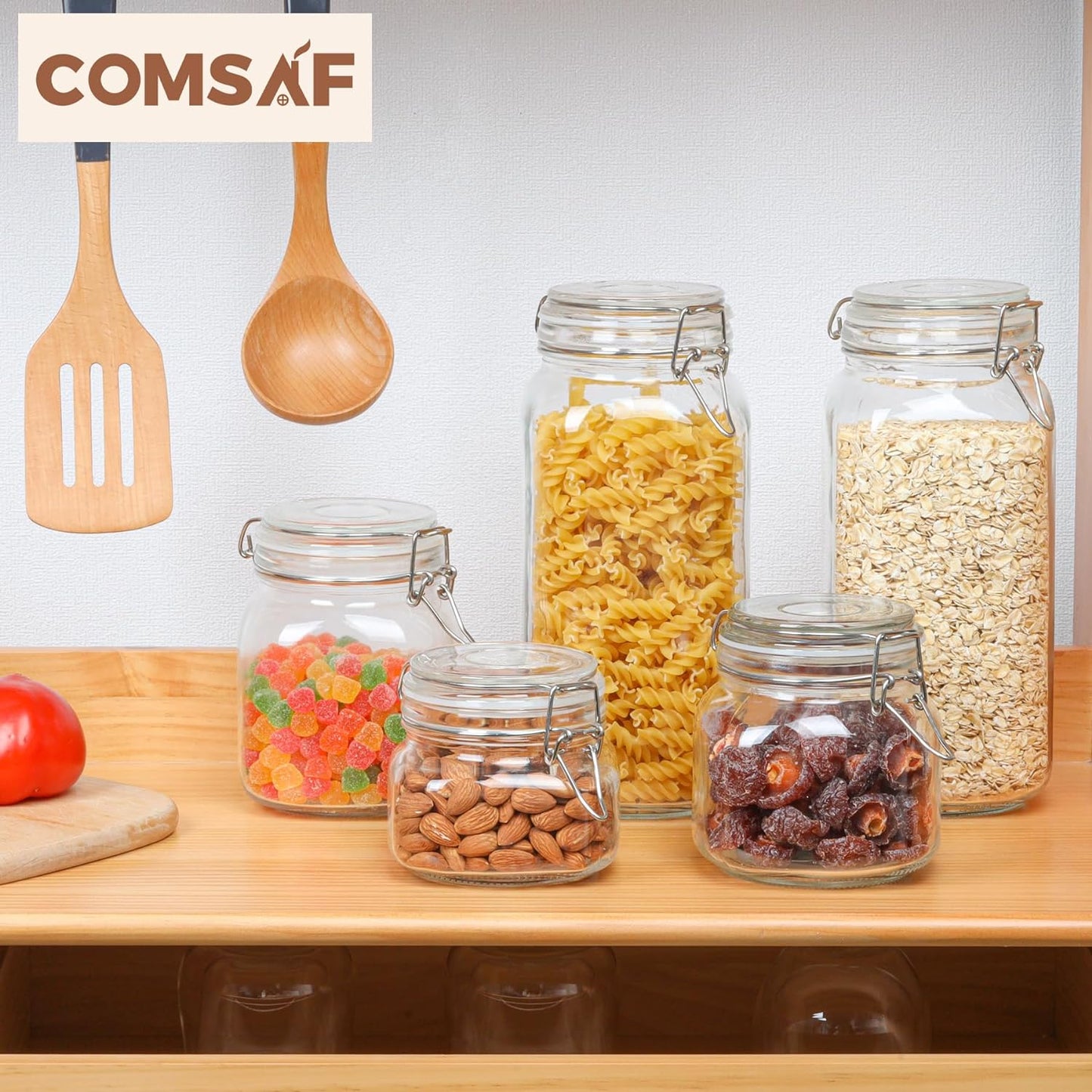 ComSaf Airtight Glass Canister Set of 3 with Lids 78oz Food Storage Jar Square - Storage Container with Clear Preserving Seal Wire Clip Fastening for Kitchen Canning Flour, Cereal, Pasta, Sugar, Beans