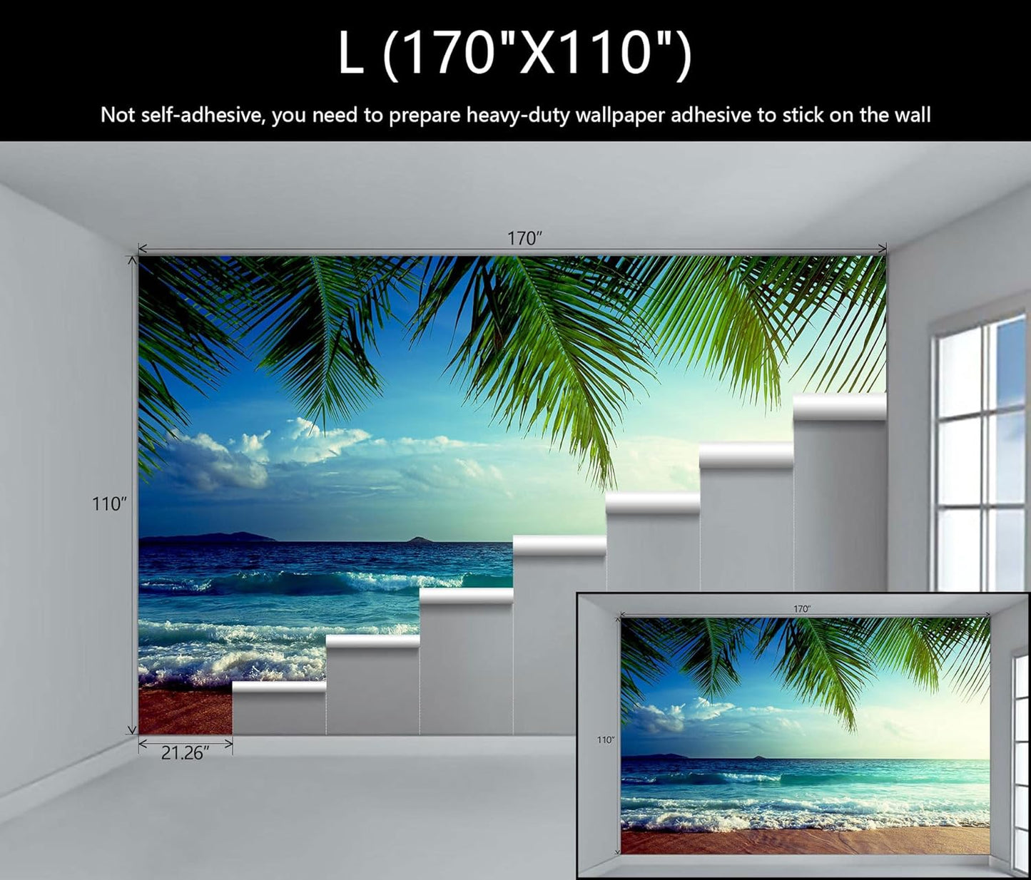 WFBHUA-Large Beach Scene Wallpaper Mural Dusk Waves Wall Murals for Bathroom Living Room Bedroom(Not Peel and Stick)