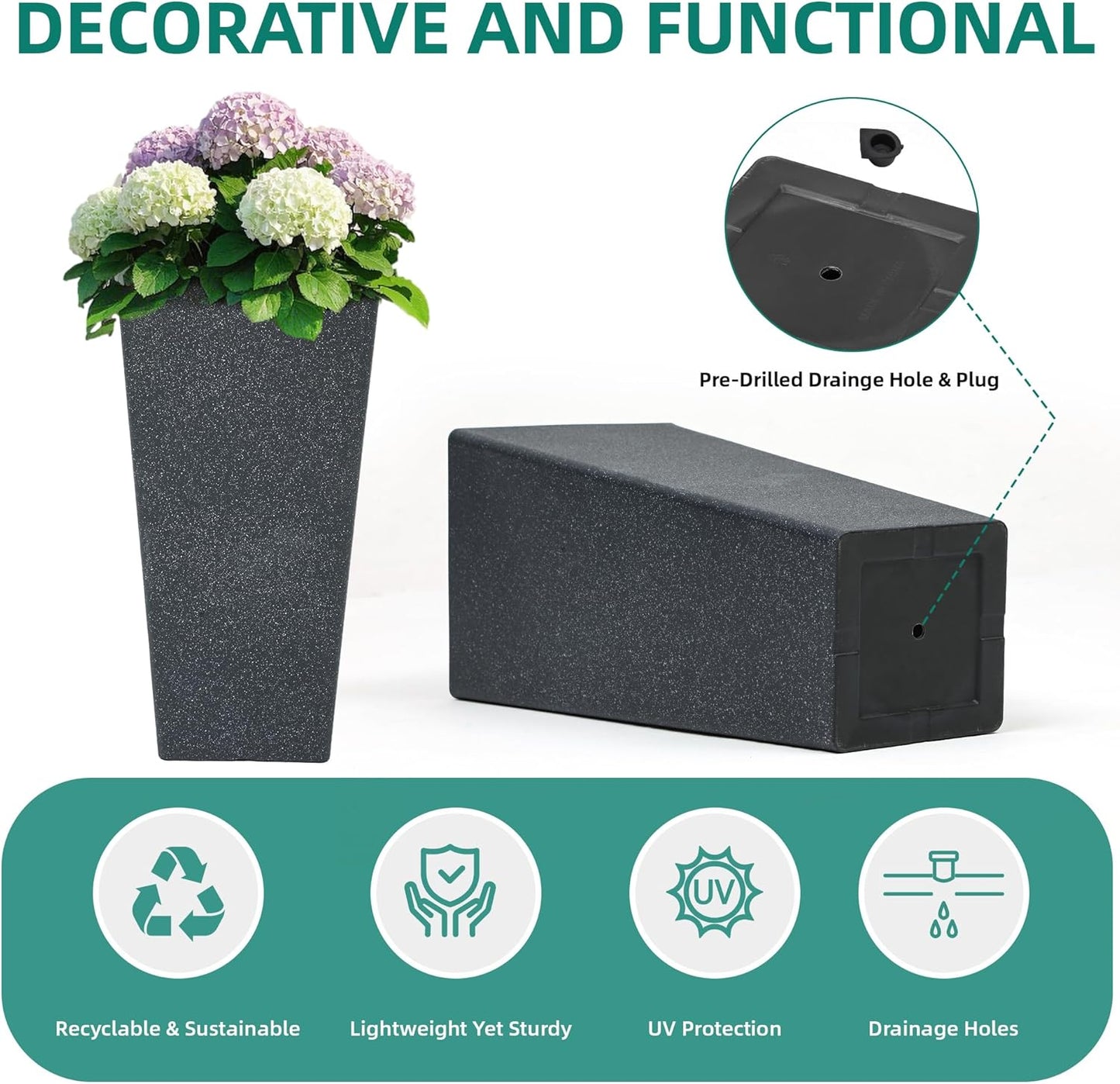 28" Large Tall Planters for Outdoor Plants, Set of 2 V-Shaped Planter Box with Black Terrazzo Look, Durable and Weather Resistant, Ideal or Garden, Patio, Porch or Home use.