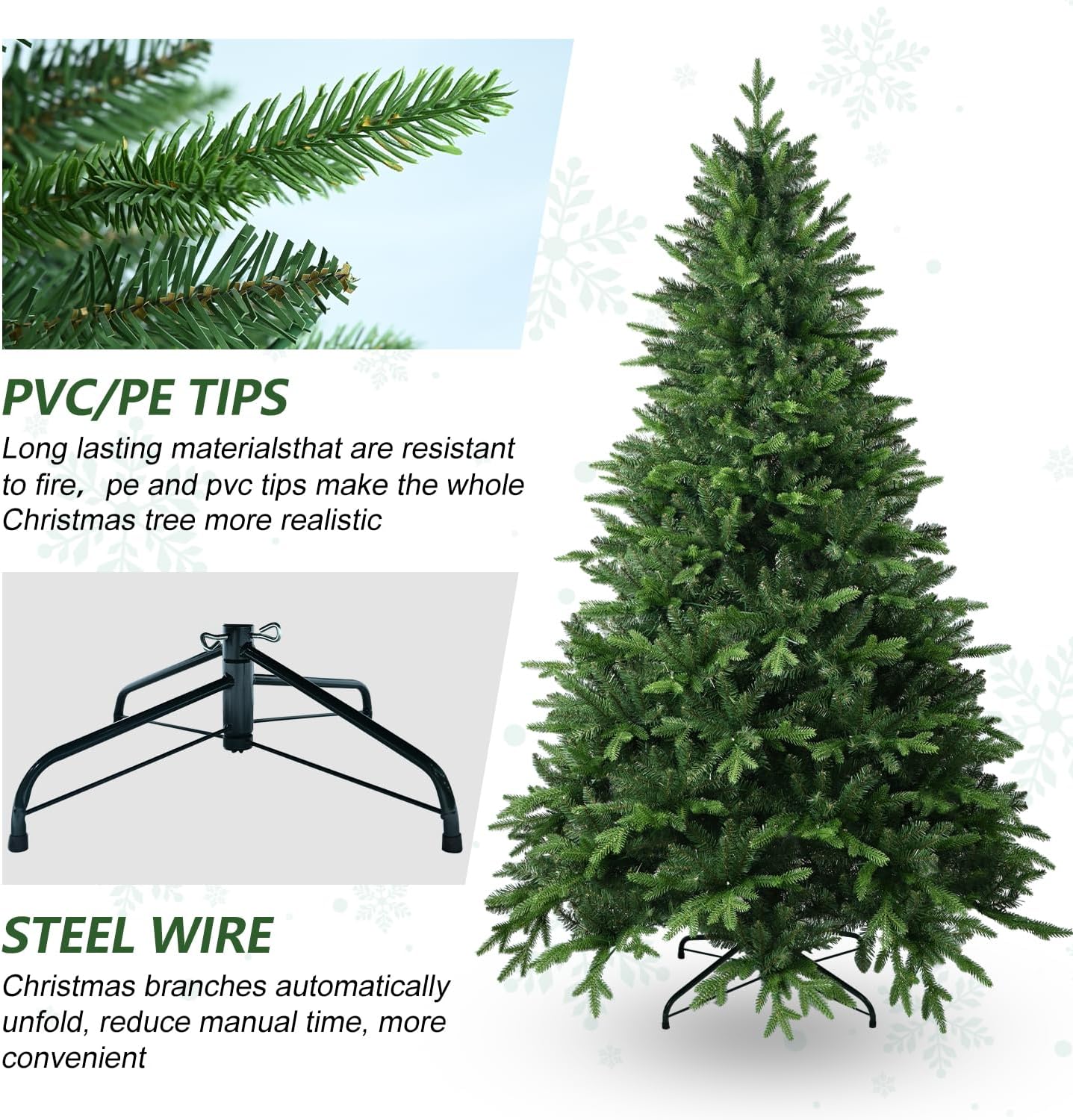 7.5 FT Artificial Christmas Tree with 2239 PE&PVC Mixed Branch Tips, Unlit Hinged Premium Spruce Fake Xmas Trees, Green, Foldable Base