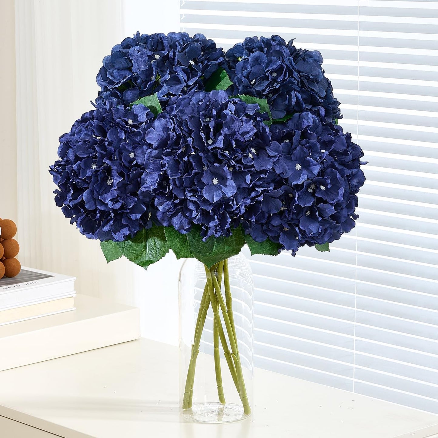 8Pcs Navy Blue Fake Flowers Silk Hydrangea Artificial Flowers Bouquets Faux Hydrangea Stems for Home Table Centerpieces Wedding Party Decoration