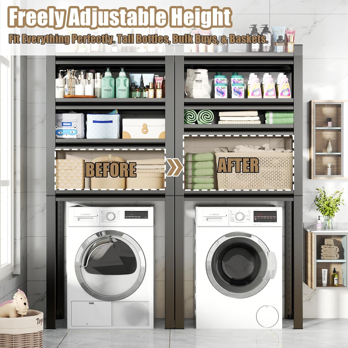 Laundry Room Storage Organizer, Over The Washer and Dryer Storage Shelves for Laundry Organization, 35" W x 14" D x 63" H, Suit Washing Machine Width Within 32.6", Hold 500 lb, Black