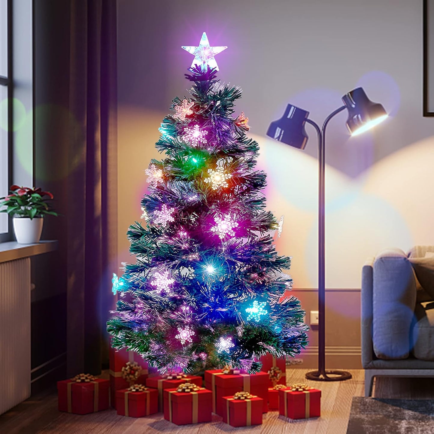 Prsildan 5 FT Artificial Christmas Tree, Pre-Lit Optical Fiber Xmas Trees with Multicolor LED Lights, Snowflakes & Top Star, Lighted Christmas Tree Holiday Home Decor