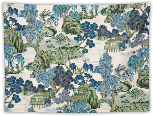 Chinoiserie Tapestry,Asian Watercolor Abstract Art Tapestry,Asian Japanese Wall Tapestry, Nature Landscape Tapestries for Bedroom Living Room Decor 60"x40"