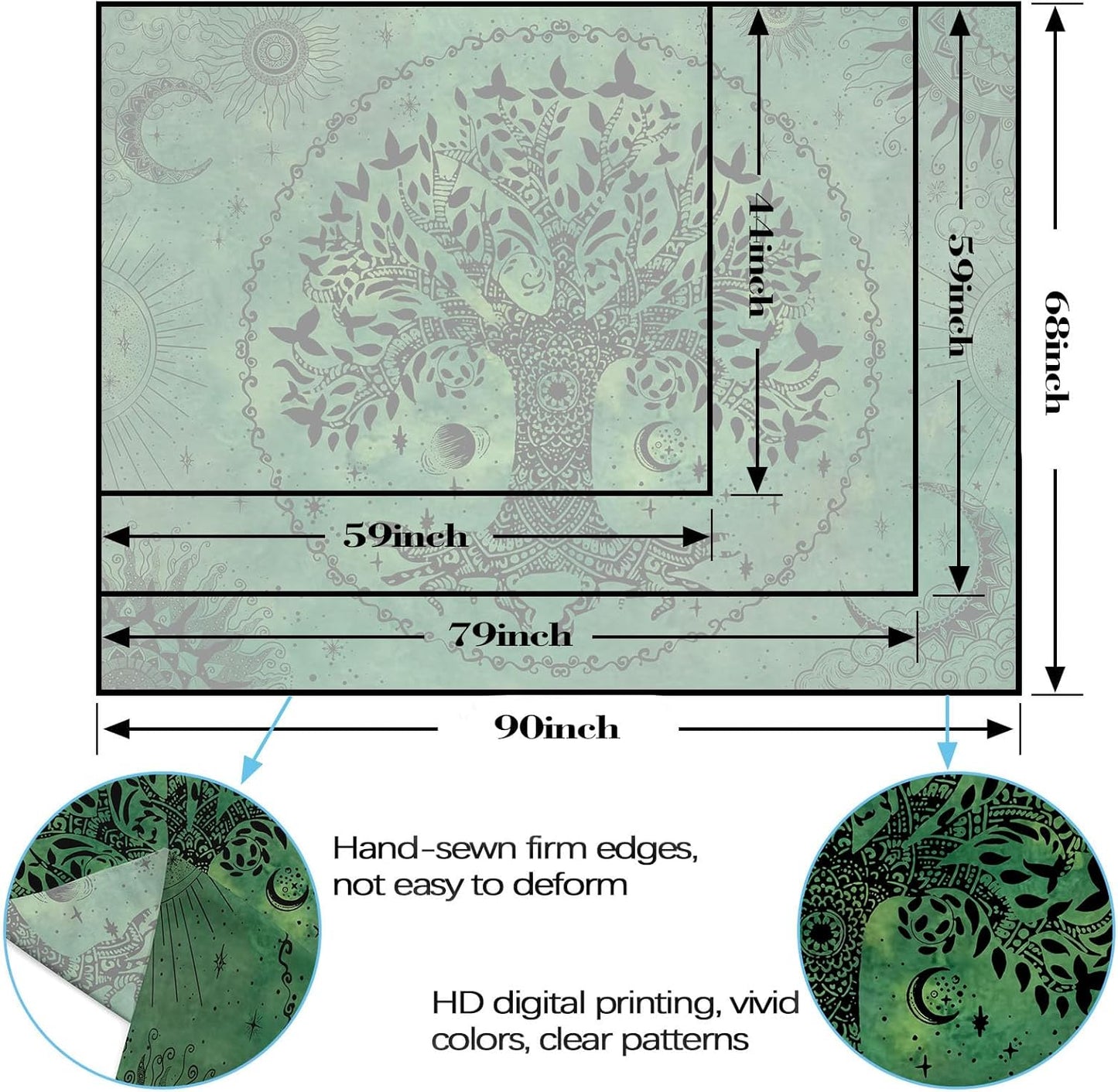 Lunerfex Tree of Life Mandala Tapestry Boho Tapestry for Bedroom Green Tapestries Wall Hanging Living Room Wall Art and Home Decor 44x60