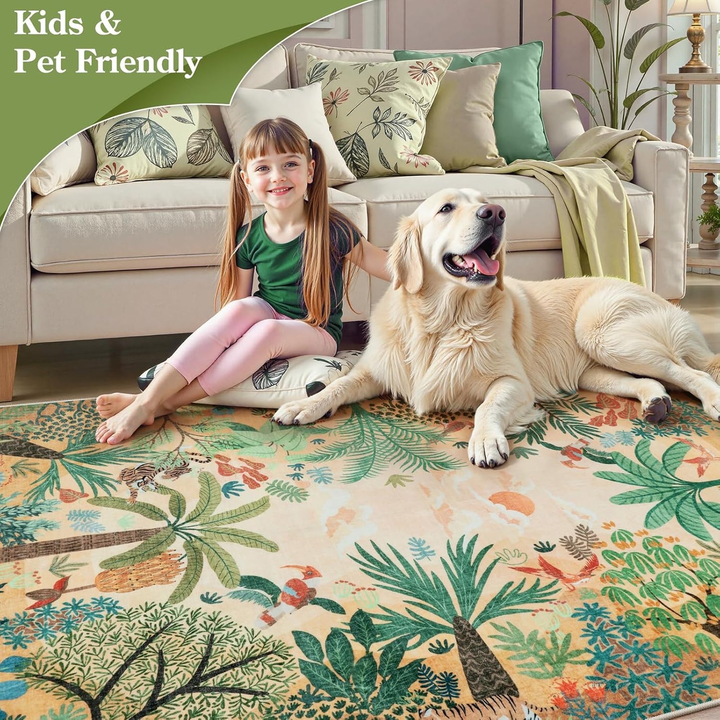 LIVEBOX Boho Jungle Animal Print 5 x 7 Area Rugs for Living Room, Soft Yellow Rug for Bedroom, Non-Slip Machine Washable Rugs for Dining Room Office, Kids Rugs for Playroom Sun Rug for Nursery Room