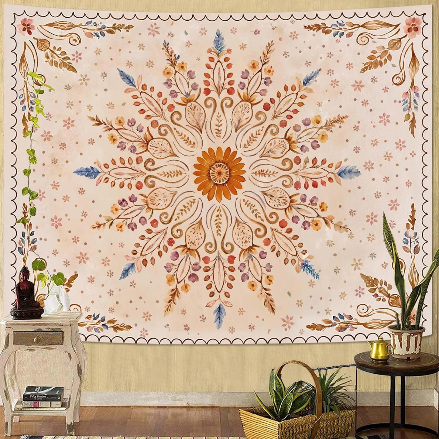 Fowocu Boho Floral Mandala Tapestry for Bedroom Aesthetic Watercolor Bohemian Flower Wall Tapestry Brown Beige Hippie Indian Large Tapestries Wall Hanging for Living Room Dorm Decor 80 x 60 Inch