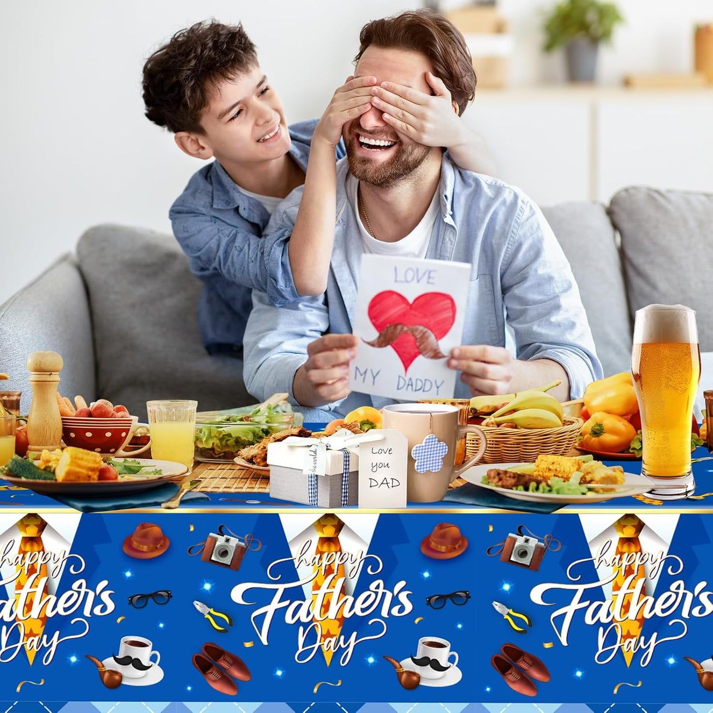 2 Pack Fathers Day Tablecloth - Happy Father's Day Table Cloth, Plastic Disposable Rectangle Blue Father Day Table Cover for Fathers Day Decorations Party Decor Supplies Favors,108 x 54 Inch