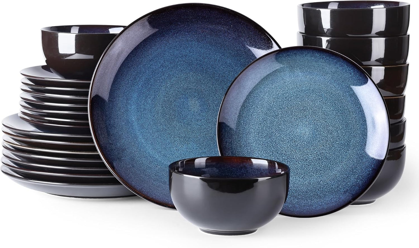 LERATIO Ceramic Dinnerware Sets for 8,Stoneware Plates and Bowls Sets,Handmade Reactive Glaze Dishes Set,Chip Resistant and Scratch Resistant | Oven&Dishwasher & Microwave Safe-Blue(24PCS)