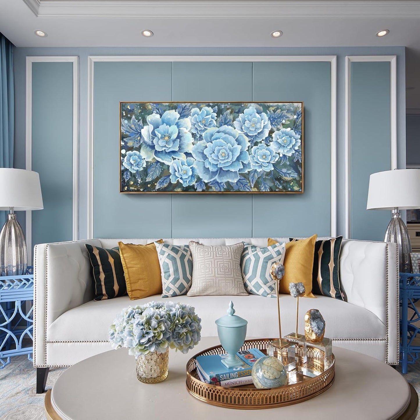 Large Blue Wall Art Decor Modern Framed Wall Picture for Living Room Bedroom Office Decor Floral Canvas Art Prints Botanical Wall Picture Abstract Peony Flower Horizontal Artwork Ready to Hang 48x24