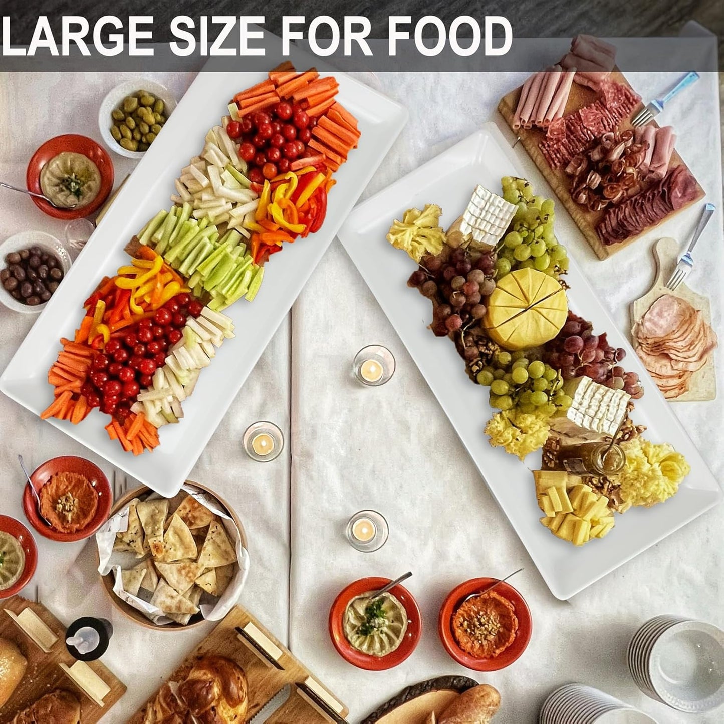 Long Melemine Serving Tray, 17.3x8x1.5 in Serving Platters and Trays for Appetizer, Charcuterie, Bread, Fruit, Dessert, Set of 2, White