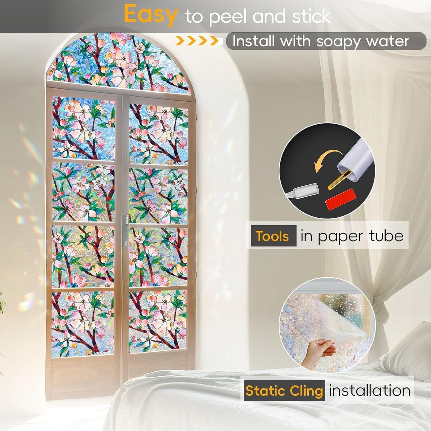 Rainbow Window Privacy Film Decorative, 3D Decals Stained Glass Clings, Static Cling Sticker, Suncatcher Windows Cover Tint for Home, 29.5 Inch x 157.4 Inch