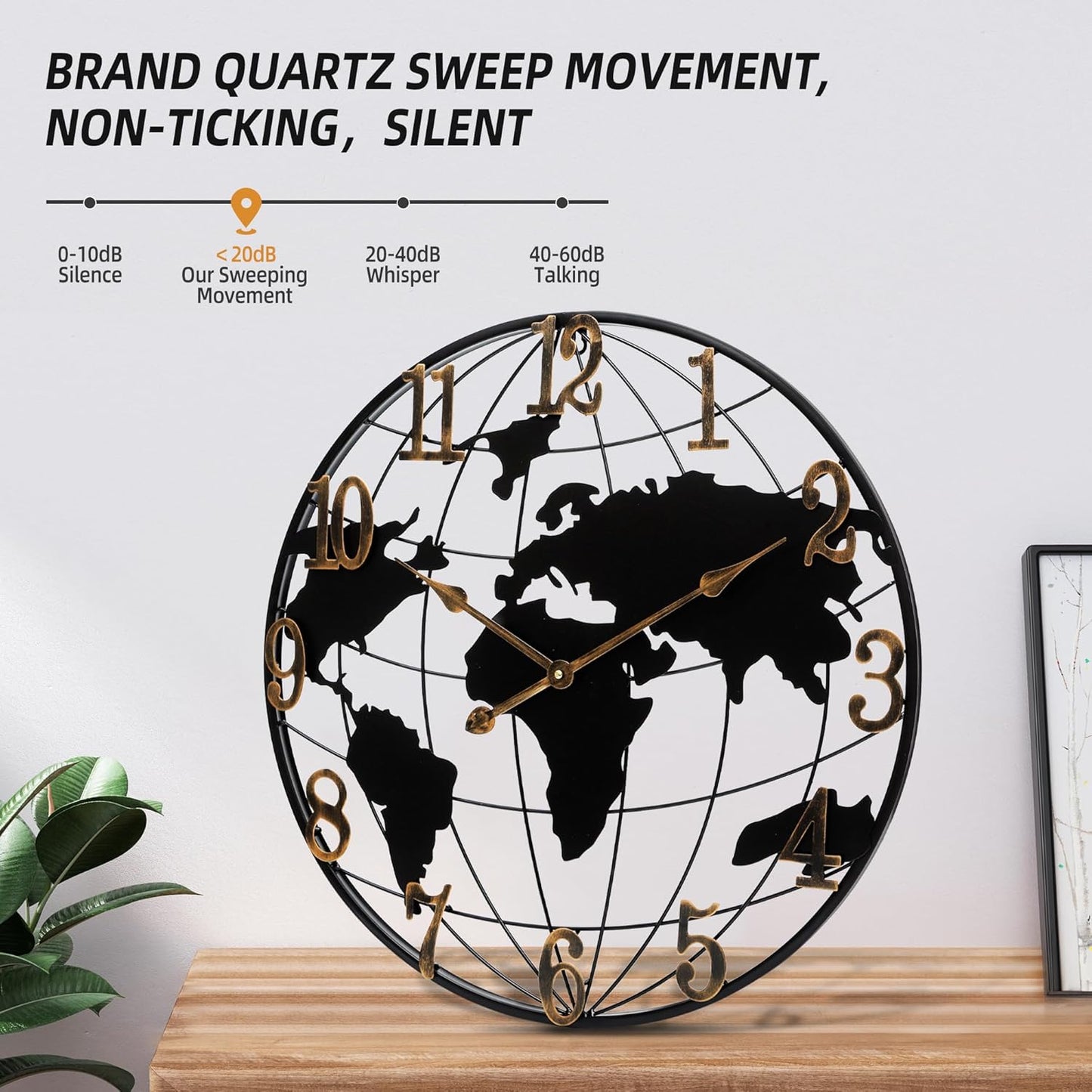 Large Wall Clock - 20 Inch World Map Minimalist Modern Round Metal Wall Clock Silent Non-Ticking Battery Operated Wall Clocks for Living Room Kitchen Office Farmhouse Home Decor