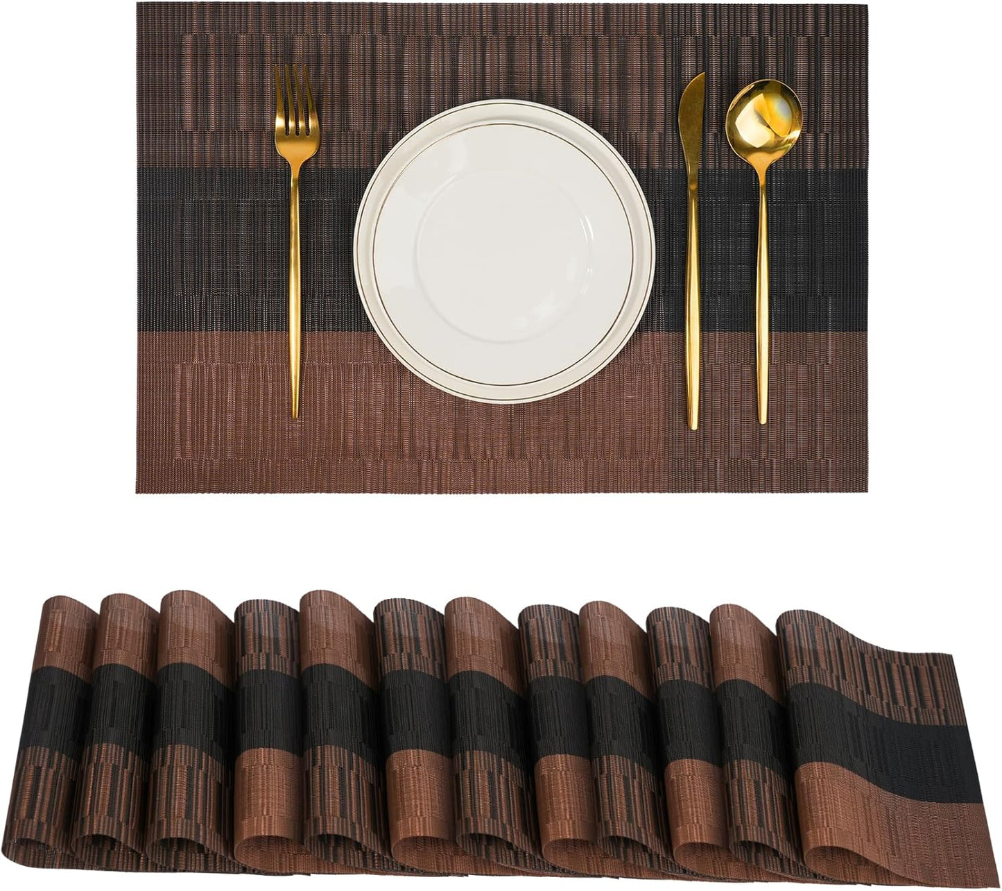 Placemats Set of 12，Non-Slip PVC Weave Table Mats Easy to Clean，Heat Resistant Place Mats for Kitchen Dining Table Decoration Indoor Outdoor，Black Brown