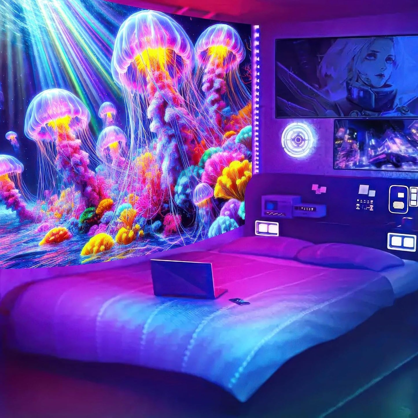 BlissYard Black Light Tapestry UV Reactive Tapestry Glow Tapestry Blacklight Tapestry 78x59 Inches Neon Jellyfish Wall Hanging, Fluorescent Art Decoration with Colorful Sea Life, Oceanic Theme